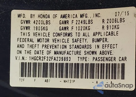 2015 Honda Accord Lx from USA, damaged, VIN 1HGCR2F32FA239893